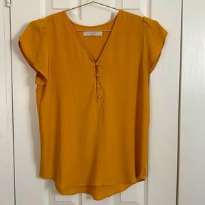 Loft XS mustard yellow petal sleeve blouse with button details